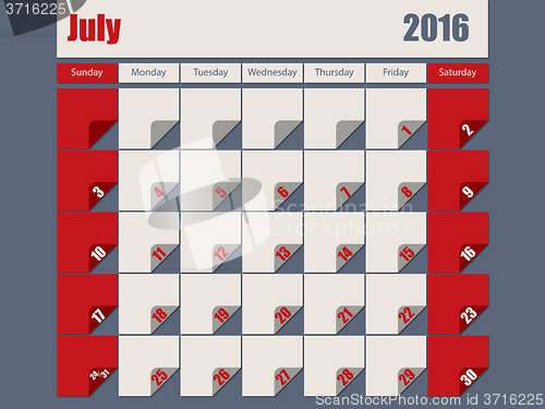 Image of Gray Red colored 2016 july calendar