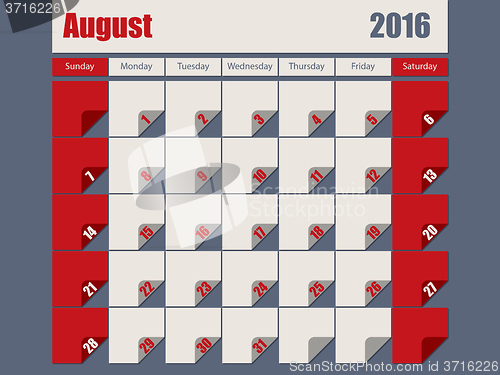 Image of Gray Red colored 2016 august calendar