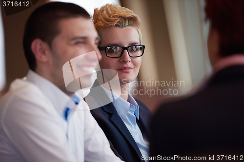 Image of business people group on meeting at modern bright office