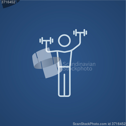 Image of Man exercising with dumbbells line icon.