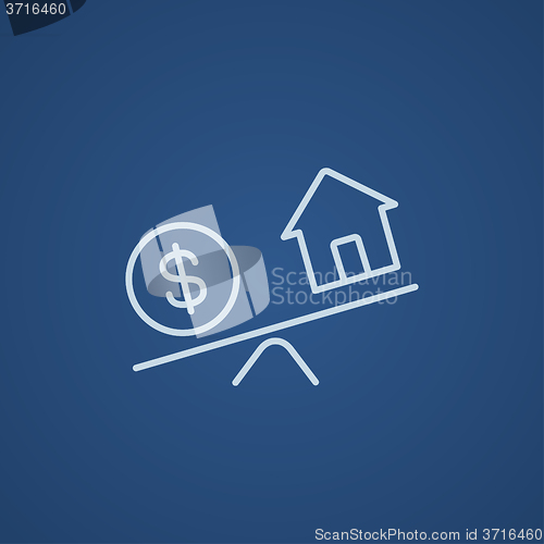 Image of House and dollar symbol on scales line icon.