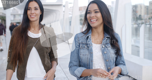 Image of Two young women strolling down a promenade