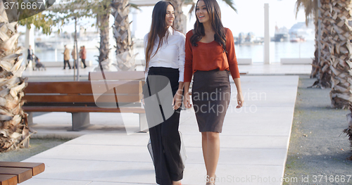 Image of Two stylish elegant women walking together