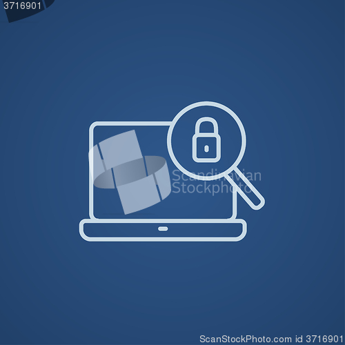 Image of Laptop and magnifying glass line icon.