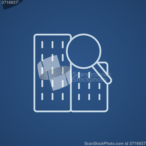 Image of Condominium and magnifying glass line icon.