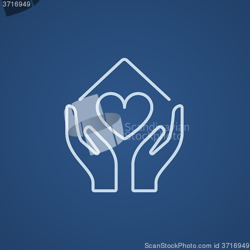 Image of Hands holding house symbol with heart shape line icon.