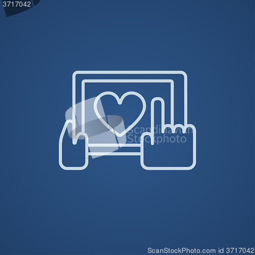 Image of Hands holding tablet with heart sign line icon.