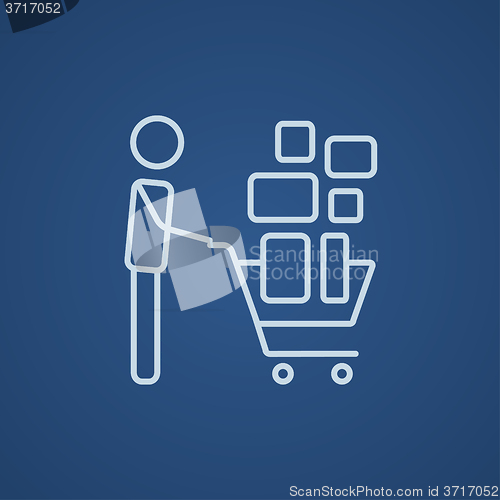 Image of Man pushing shopping cart line icon.