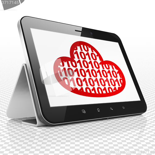 Image of Cloud networking concept: Tablet Computer with Cloud With Code on display