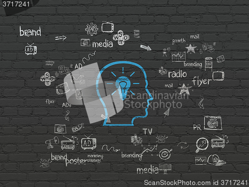 Image of Advertising concept: Head With Lightbulb on wall background