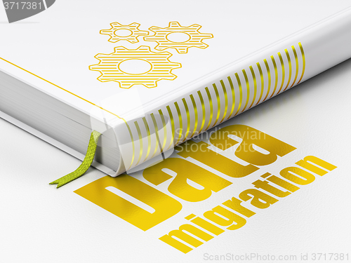 Image of Information concept: book Gears, Data Migration on white background