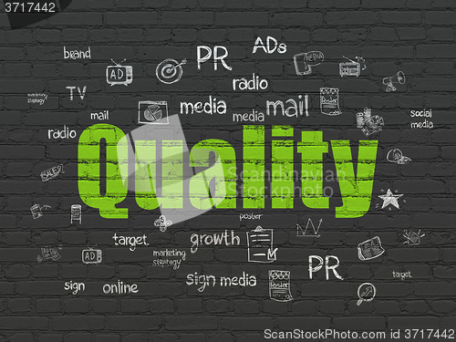 Image of Advertising concept: Quality on wall background