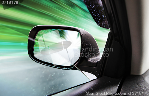 Image of rear-view mirror of speed car