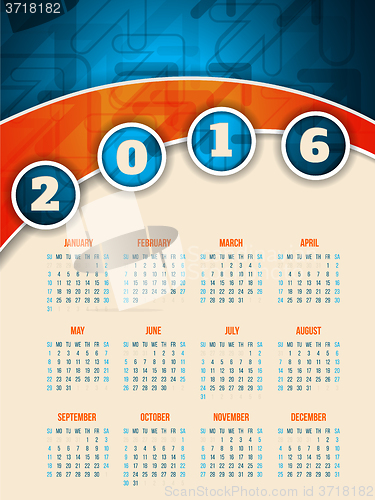 Image of Colorful 2016 calendar template with arrow background