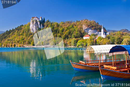 Image of Traditional wooden boats on lake Bled.