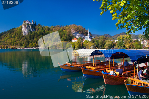 Image of Traditional wooden boats on lake Bled.