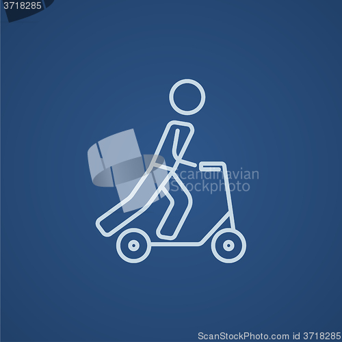 Image of Man riding kick scooter line icon.