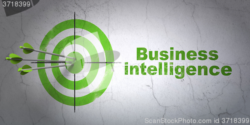 Image of Business concept: target and Business Intelligence on wall background