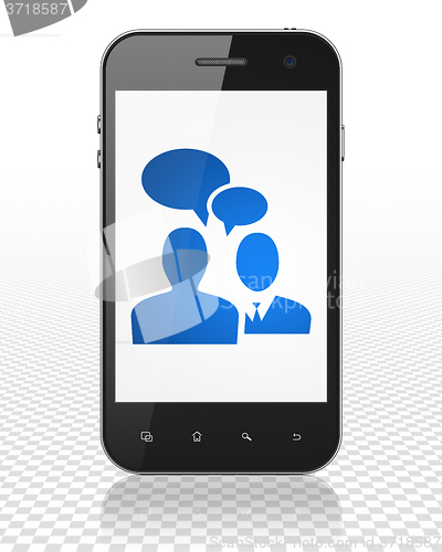 Image of Finance concept: Smartphone with Business Meeting on display
