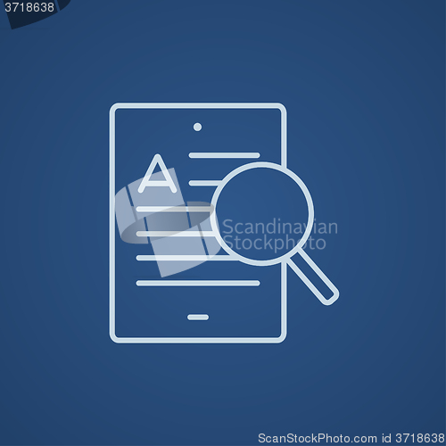 Image of Tablet and magnifying glass line icon.