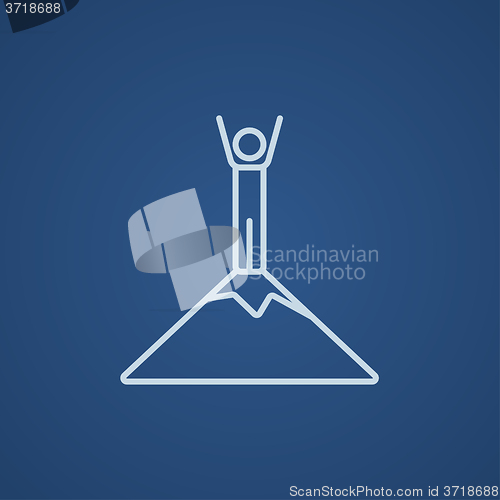 Image of Man standing on top of mountain line icon.