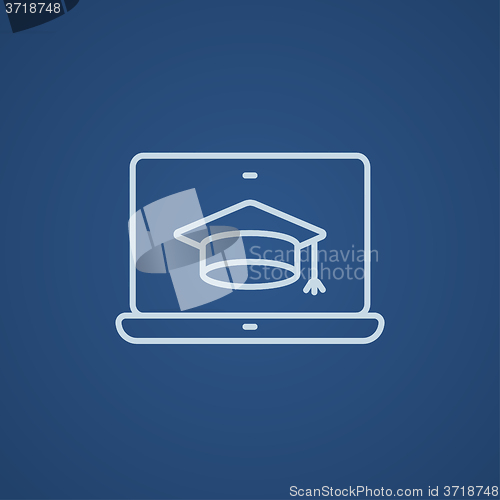 Image of Laptop with graduation cap on screen line icon.