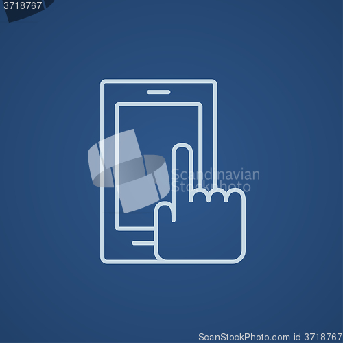 Image of Finger pointing at smart phone line icon.