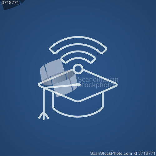 Image of Graduation cap with wi-fi sign line icon.