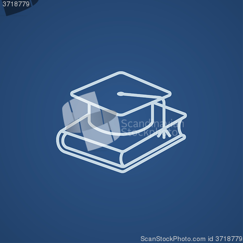 Image of Graduation cap laying on book line icon.