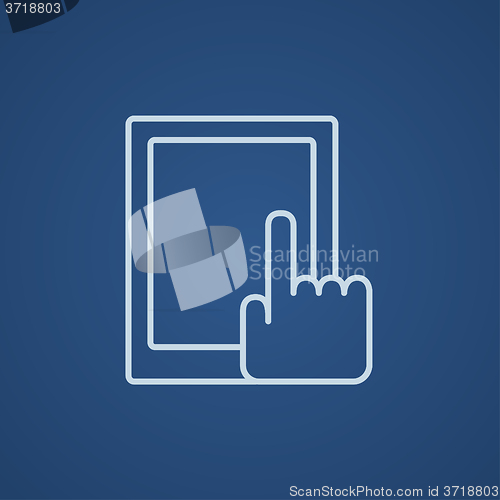 Image of Finger pointing at tablet line icon.