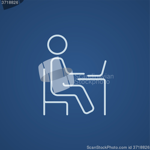 Image of Student sitting on chair in front of laptop line icon.