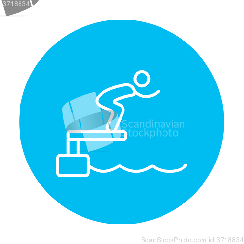 Image of Swimmer jumping from starting block in pool line icon.