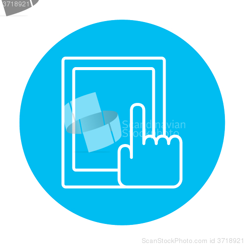 Image of Finger pointing at tablet line icon.
