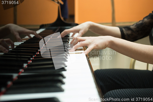 Image of Women\'s hands on the keyboard of piano. girl plays music 