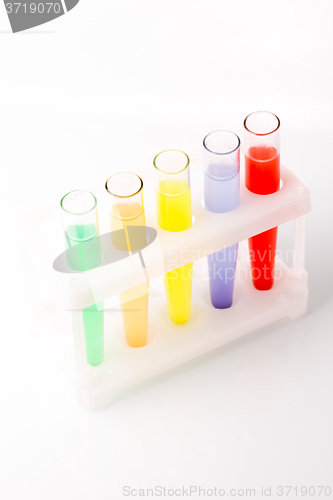 Image of Multicolored liquid chemical tubes. 