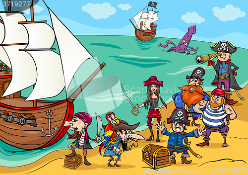 Image of pirates with ship cartoon