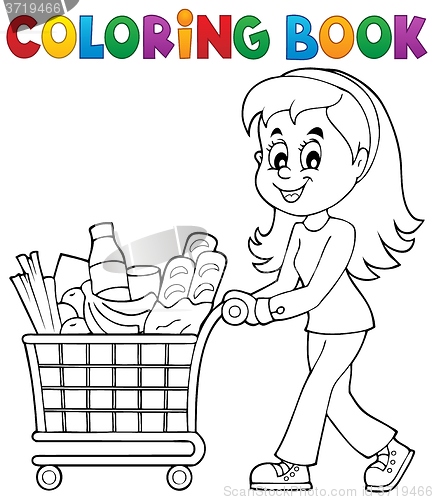 Image of Coloring book woman with shopping cart