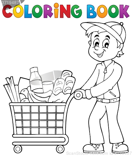 Image of Coloring book man with shopping cart