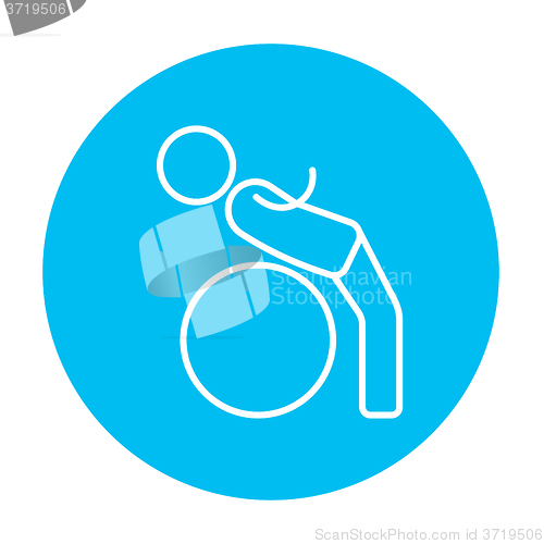 Image of Man doing exercises lying on gym ball line icon.