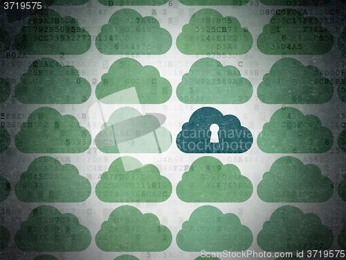 Image of Cloud networking concept: cloud with keyhole icon on Digital Paper background