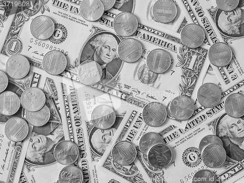 Image of Black and white Dollar coins and notes