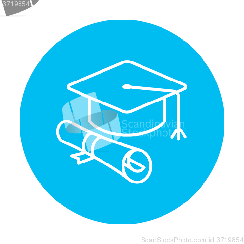 Image of Graduation cap with paper scroll line icon.