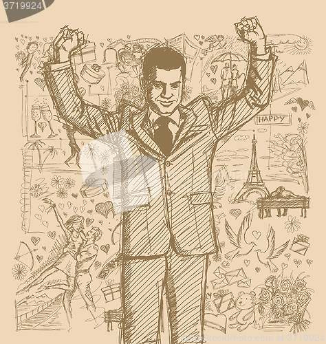 Image of Sketch Businessman With Hands Up Against Love Story Background