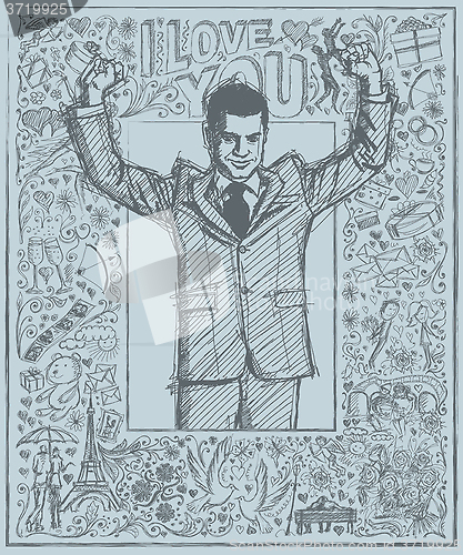 Image of Sketch Businessman With Hands Up Against Love Story Background