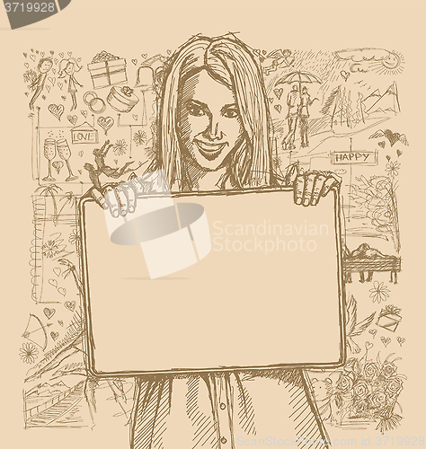 Image of Sketch Happy Woman Holding Blank White Card Against Love Story B
