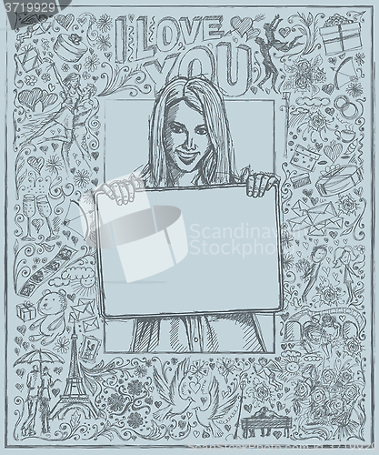 Image of Sketch Happy Woman Holding Blank White Card Against Love Story B