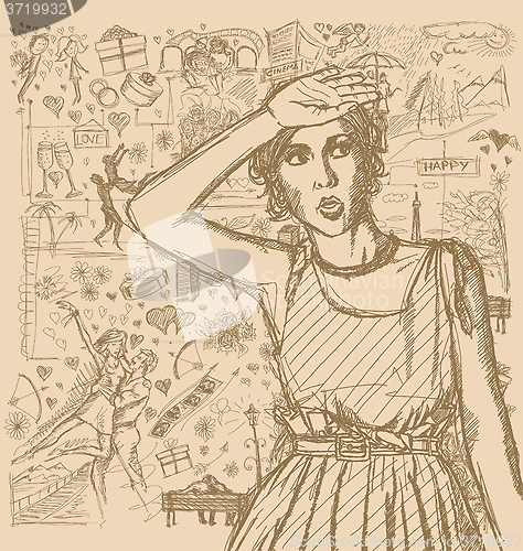 Image of Sketch Surprised Girl Looking For Something Against Love Story B