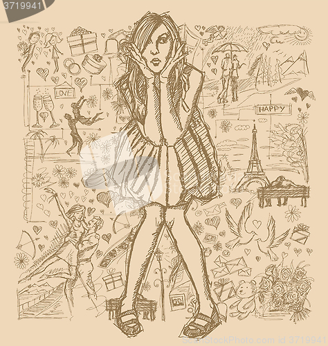 Image of Sketch Surprised Woman In Dress Against Love Story Background