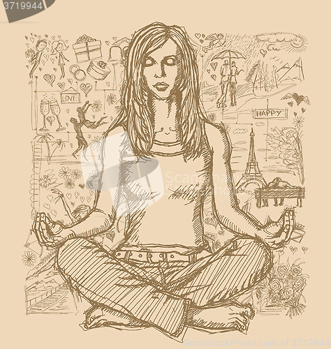 Image of Sketch Woman Meditation In Lotus Pose Against Love Story Backgro