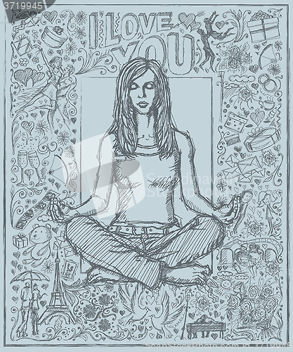 Image of Sketch Woman Meditation In Lotus Pose Against Love Story Backgro